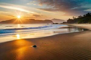 le Soleil monte plus de le océan et le le sable sur le plage. généré par ai photo