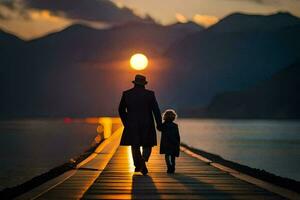 une homme et une enfant en marchant sur une jetée à le coucher du soleil. généré par ai photo