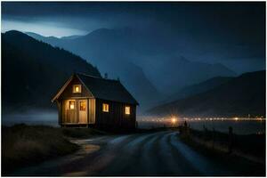 une petit cabine dans le milieu de une route à nuit. généré par ai photo