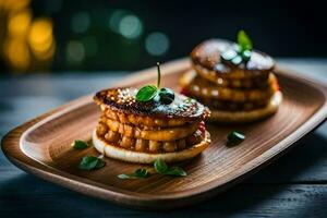 deux petit des sandwichs sur une en bois plaque. généré par ai photo