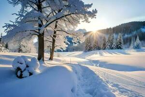 neige couvert des arbres dans le Soleil. généré par ai photo