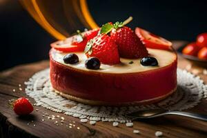 une gâteau avec des fraises et myrtilles sur Haut. généré par ai photo