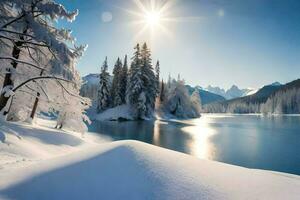 neige couvert des arbres et le Soleil brillant plus de une lac. généré par ai photo