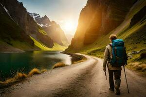 une homme avec une sac à dos en marchant vers le bas une route dans le montagnes. généré par ai photo