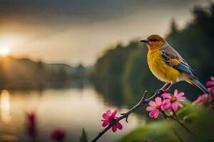 une oiseau est assis sur une branche près une lac. généré par ai photo