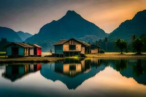 huttes par le Lac par Kim Kim. généré par ai photo