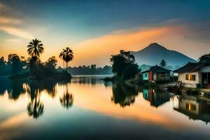 le lever du soleil plus de le Lac et Maisons. généré par ai photo