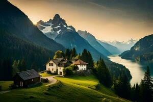 le maison dans le montagnes. généré par ai photo