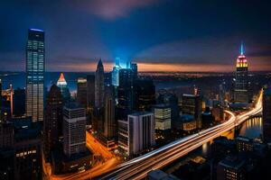 le ville horizon à nuit avec lumières sur. généré par ai photo