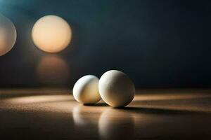 deux des œufs sur une table avec une floue Contexte. généré par ai photo
