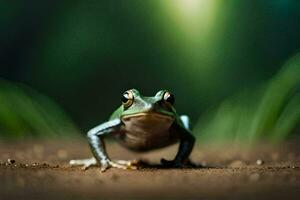 une grenouille est permanent sur le sol dans de face de une vert Contexte. généré par ai photo