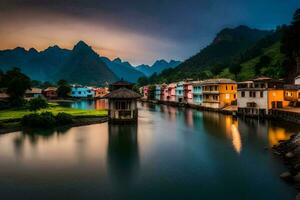 une rivière dans le montagnes avec Maisons et montagnes dans le Contexte. généré par ai photo