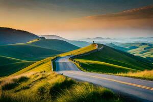 le route à le le coucher du soleil. généré par ai photo