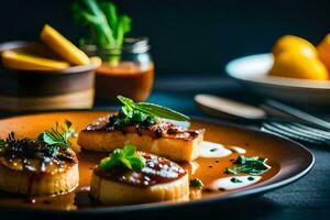 Trois escalopes sur une assiette avec sauce. généré par ai photo