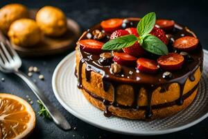 une gâteau avec des fraises et Chocolat sur une plaque. généré par ai photo