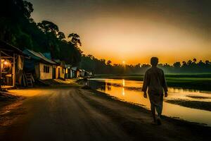 une homme en marchant vers le bas une route à le coucher du soleil avec Maisons dans le Contexte. généré par ai photo