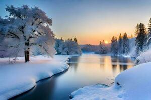 photo fond d'écran le ciel, neige, des arbres, rivière, coucher de soleil, le soleil, hiver, des arbres. généré par ai