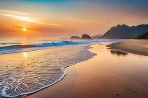 le Soleil ensembles sur le plage dans le Portugal. généré par ai photo