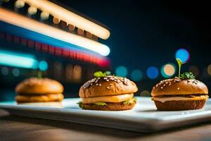 Trois mini des hamburgers sur une blanc plaque. généré par ai photo