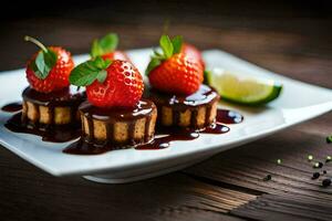 Trois mini desserts avec des fraises et Chocolat sauce. généré par ai photo