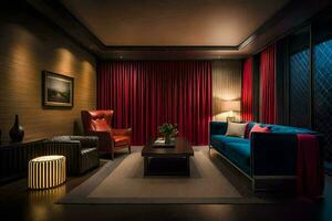 une vivant pièce avec rouge rideaux et bleu meubles. généré par ai photo