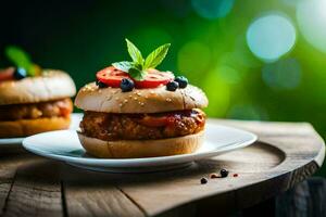 deux hamburgers avec tomates et herbes sur une plaque. généré par ai photo