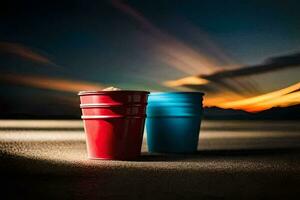 deux rouge tasses séance sur une table avec une le coucher du soleil dans le Contexte. généré par ai photo
