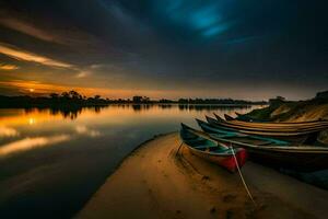 bateaux sur le rivière à le coucher du soleil. généré par ai photo