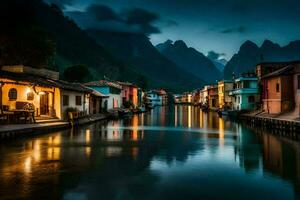 photo fond d'écran le ciel, eau, montagnes, Maisons, le nuit, le rivière, le ville. généré par ai