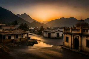 une village à le coucher du soleil avec montagnes dans le Contexte. généré par ai photo