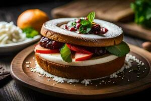 une sandwich avec des fraises et crème sur une en bois planche. généré par ai photo