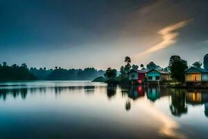 une Lac avec Maisons sur il à le coucher du soleil. généré par ai photo