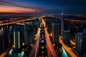 une longue exposition photo de une ville à nuit. généré par ai