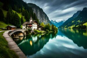 une maison est assis sur le bord de une Lac dans le montagnes. généré par ai photo