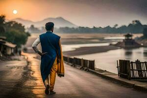 une homme dans traditionnel Vêtements des promenades le long de une route à le coucher du soleil. généré par ai photo