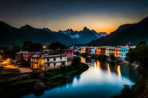 photo fond d'écran le ciel, montagnes, rivière, Maisons, le ciel, le montagnes, le rivière. généré par ai