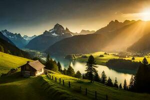 le Soleil monte plus de le montagnes et Lac dans cette magnifique paysage. généré par ai photo