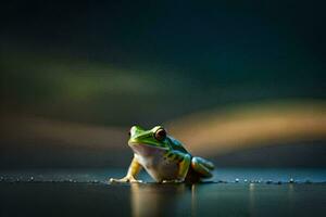 une grenouille séance sur le sol dans le sombre. généré par ai photo