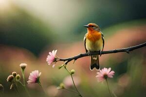 une oiseau est assis sur une branche dans de face de rose fleurs. généré par ai photo