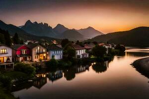 photo fond d'écran le ciel, montagnes, eau, Maisons, le soleil, le montagnes, le rivière. généré par ai