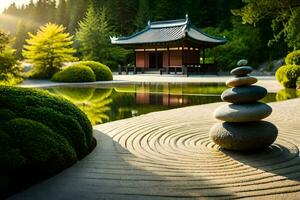 une Japonais jardin avec des pierres et une pagode. généré par ai photo