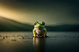 une grenouille séance sur le sol dans de face de une lac. généré par ai photo