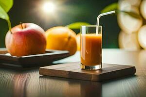 un Orange jus verre avec une paille sur une en bois tableau. généré par ai photo