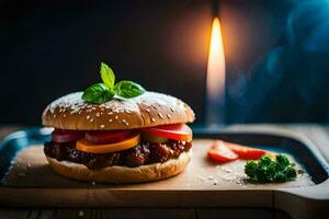 une Hamburger avec tomates et fromage sur une en bois plateau. généré par ai photo