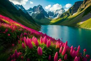 magnifique fleurs Floraison dans le montagnes près une lac. généré par ai photo