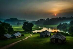 photo fond d'écran le ciel, herbe, rivière, loger, le soleil, lever du soleil, le campagne,. généré par ai