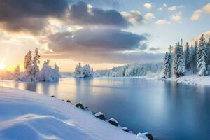 photo fond d'écran le ciel, neige, des arbres, lac, le soleil, le ciel, le ciel. généré par ai