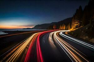 une longue exposition photo de voitures conduite sur une Autoroute à nuit. généré par ai