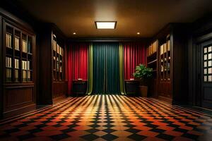 une couloir avec une à carreaux sol et en bois armoires. généré par ai photo