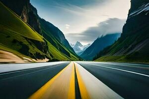 une route dans le montagnes avec montagnes dans le Contexte. généré par ai photo